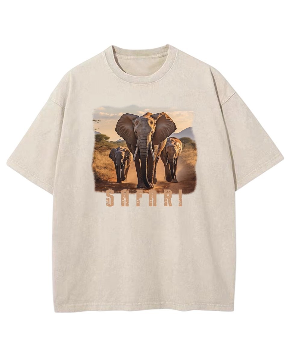 Męska koszulka oversize efekt sprania Słonie Safari Zwierzęta Beżowa XL