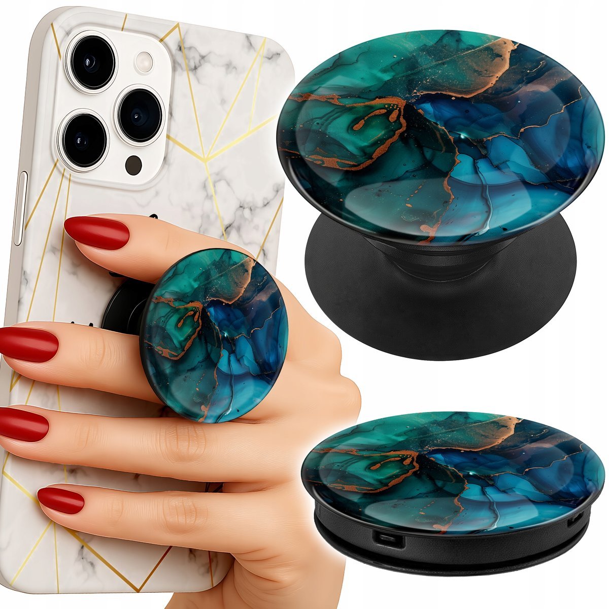 Uchwyt do telefonu Popsocket na palce/stojak NIEBIESKO ZIELONY MARMUREK