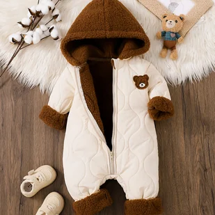 TEMU Zimowa Kombinezon dla Niemowląt - Beżowo-Brązowy Dwie Tekstury, Miękka Tkanina Bez Elastyczności, Łatwy Wymiana Pieluszek z Przodu, Ciepły Strój - Pajacyki dla niemowląt - miniaturka - grafika 1