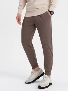 Spodnie męskie - Spodnie męskie dresowe z przeszyciem i zamkiem na nogawce - brązowe V4 OM-PASK-0147 - grafika 1