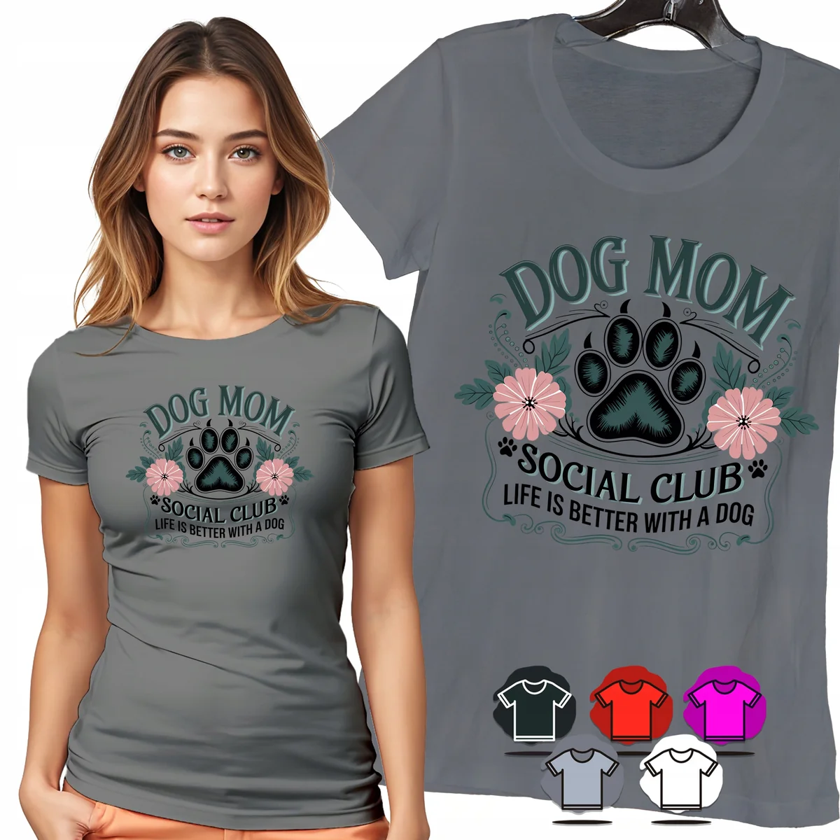 KOSZULKA DAMSKA T-SHIRT - DOG MOM PSIA MAMA ŁAPKA KWIATY DAMSKI WZÓR - 3XL