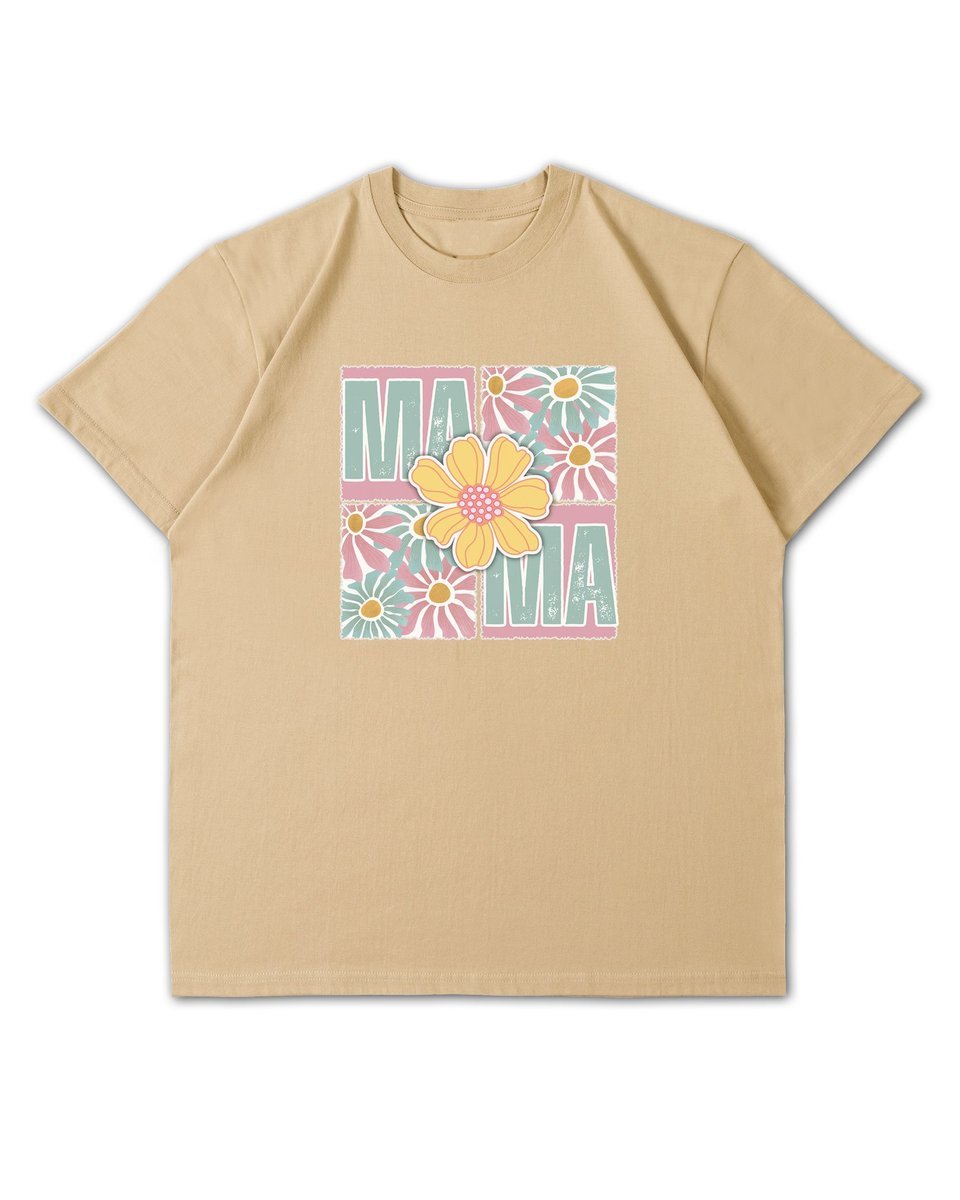 Luźna koszulka na Dzień Matki Kwiatowa MAMA Prezent Beżowy M