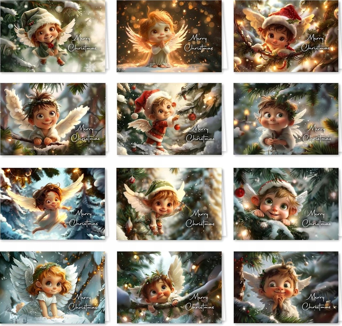 Zestaw 12 kartek bożonarodzeniowych, składane kartki z kopertami 'Naughty Christmas Angel', koperty, błyszczące, Wesołych Świąt, Wesołych Świąt Boże..