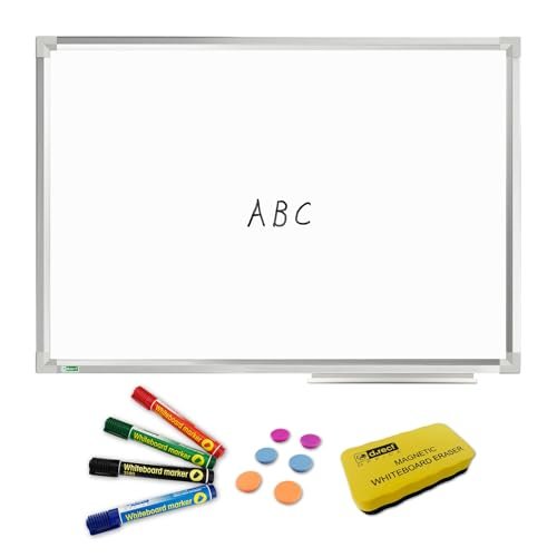 D.RECT Zestaw magnetycznych tablic suchościeralnych z aluminiowymi listwami, zmywalnych na sucho, 90 x 60 cm, miejsce na długopisy i zmywalne, zestaw 4 sztuk, silne magnesy tablicowe, gąbka,