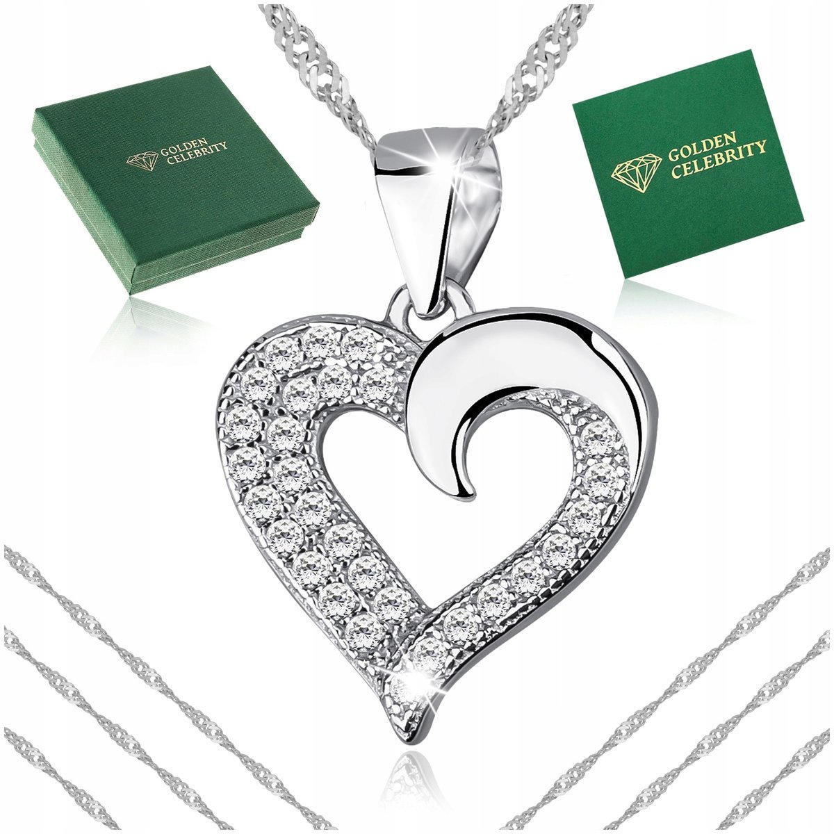 Piękny Srebrny Naszyjnik Serce Z Cyrkoniami 925 Prezent Dla Kobiety, Babci