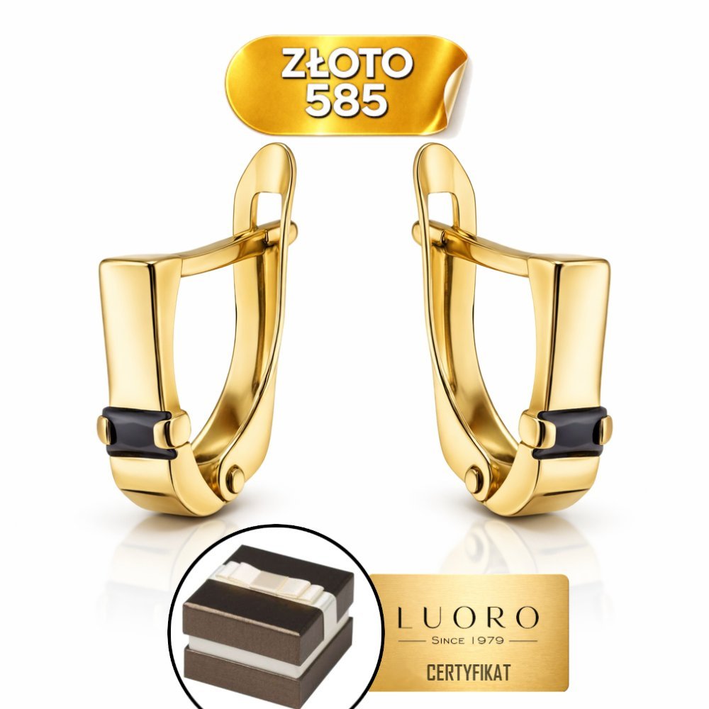 KOLCZYKI ZŁOTE 585 14K Z CZARNYM PROSTOKĄTEM ANGIELSKIE ZAPIĘCIE 15 MM