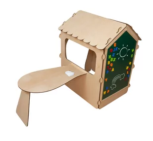 DOMEK DREWNIANY DLA DZIECI Z TABLICĄ KREDOWĄ I STOLIKIEM 86 X 137 X 105 CM - Place zabaw - miniaturka - grafika 1