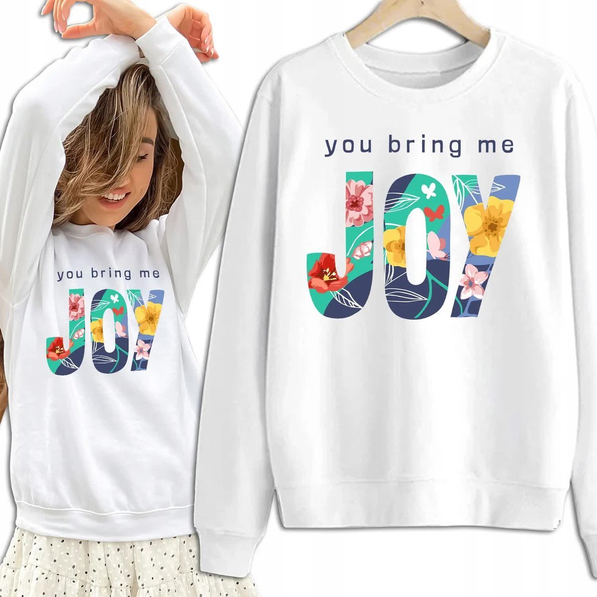 Bluza Damska Biała Dresowa YOU BRING ME JOY Kobiece Dziewczęce Wzory - S