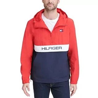 Kurtki męskie - Tommy Hilfiger Męska kurtka wiatrówka w stylu retro Taslan z kapturem Popover wodoodporna, Czerwony/granatowy blok kolorów, S - grafika 1