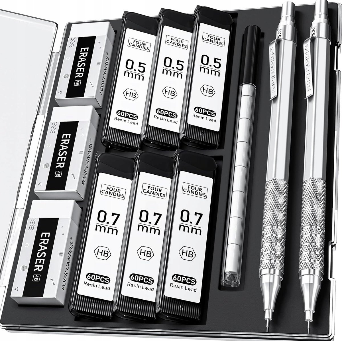 OŁÓWEK MECHANICZNY ZESTAW METALOWY ETUI WKŁADY GUMKI 0.5MM 0.7MM SREBRNY