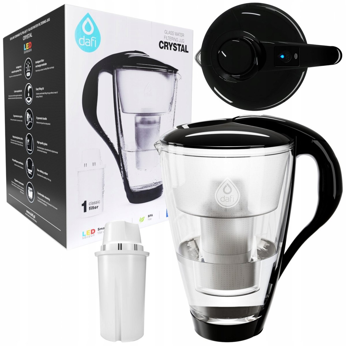 Szklany dzbanek filtrujący Dafi Crystal 2l z licznikiem LED + 1x Wkład
