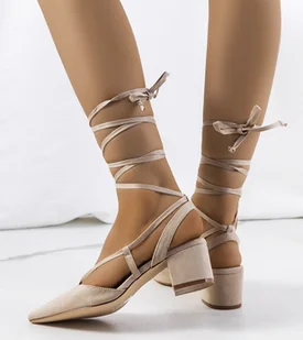 Beżowe wiązane czółenka na słupku Victoris-37 - Półbuty damskie - miniaturka - grafika 1