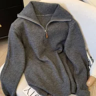 Swetry damskie - TEMU Sweter Damski Elegancki Vintage - Beżowy (Kamień) z Długim Rękawem, Półotwarty na Jesień/Zimę, do Biura i Na Imprezy, Pranie Maszynowe, Idealny - miniaturka - grafika 1