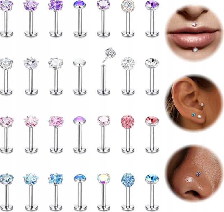 PIERCING 28 SZTUK STAL NIERDZEWNA 6MM 8MM KOLCZYKI KOMPLET ZESTAW