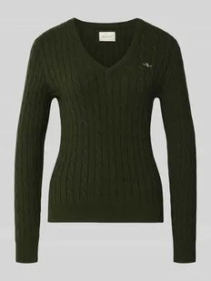 Sweter z dzianiny z dekoltem w serek i wyhaftowanym logo - Swetry damskie - miniaturka - grafika 1