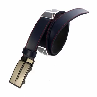 Wizytowy Pasek Skórzany 35 mm COMPLEX (PL) GRANATOWY CZEROWNA NIĆ Pełna Klamra AUTOMAT/SAMOZACISK Garnitur SREBRNA ASZ35/KASZ31 - Paski - miniaturka - grafika 3