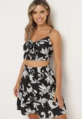 Komplety damskie - Czarno-Biały Komplet Krótki Top na Ramiączkach Spódnica w Kwiaty Tiamaly - miniaturka - grafika 1