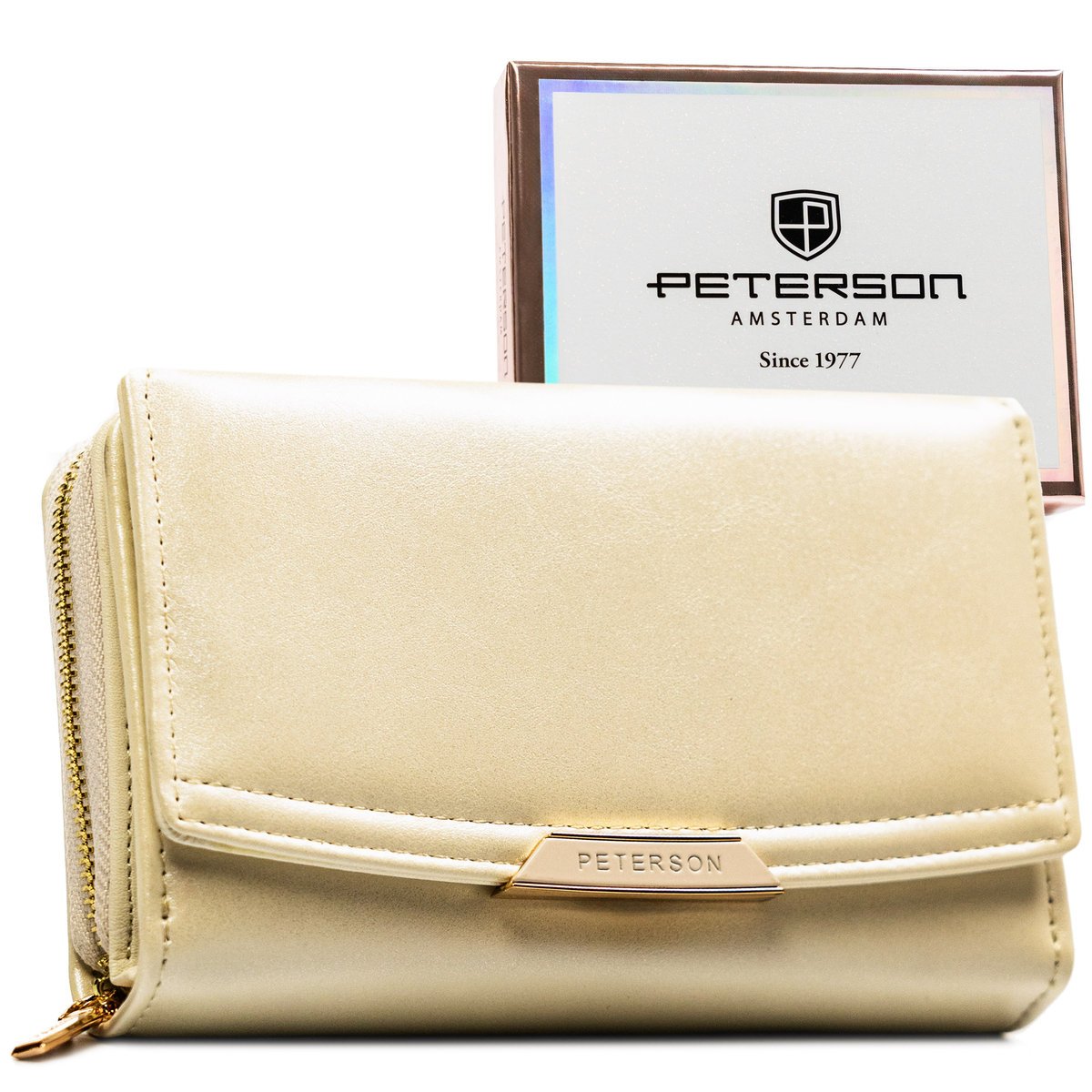 Elegancki portfel damski PETERSON zatrzask i suwak ochrona kart RFID modny na prezent ecru