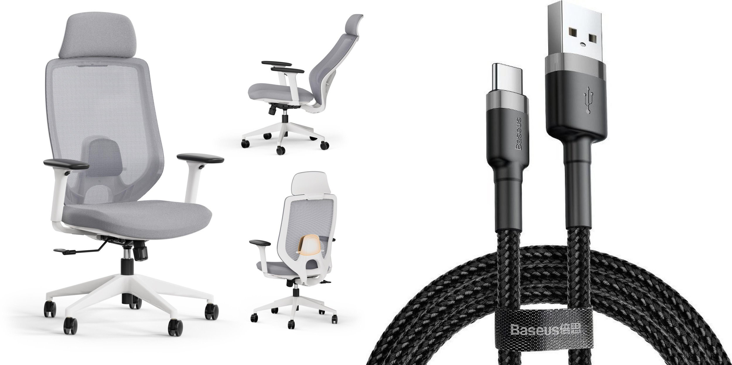 SENSE7 Krzesło biurowe Nakai Biało-szare + kabel usb