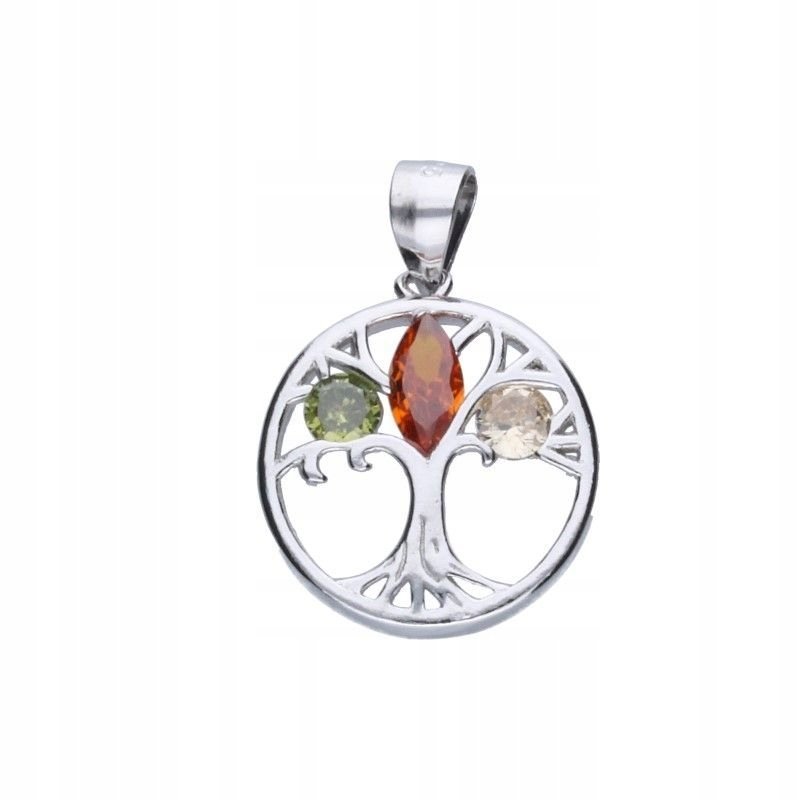 Srebrna Rodowana Zawieszka Drzewo Życia z Cyrkoniami średnica 16mm 2.14g