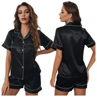 Piżamy damskie - PIŻAMA SATYNOWA DWUCZĘŚCIOWA KOMPLET KOSZULA SPODENKI CZARNA - XL - miniaturka - grafika 1