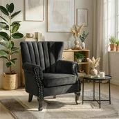 Fotele - Fotel Uszak Wypoczynkowy MALLO Czarny Welurowy Nowoczesny Glamour - miniaturka - grafika 1