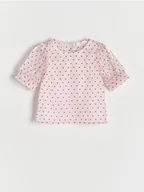 Bluzki dla dziewczynek - Reserved - Wzorzysta bluzka z bufkami - pastelowy róż - miniaturka - grafika 1