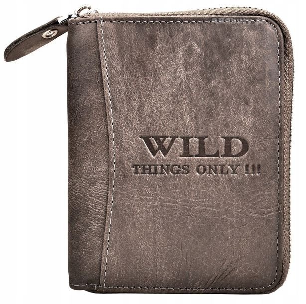 Szary SKÓRZANY Portfel Męski Zasuwany na SUWAK Pionowy Młodzieżowy WILD !!!