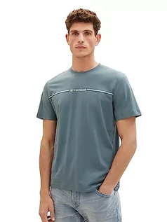 Koszulki męskie - T-shirt męski TOM TAILOR z nadrukiem w paski i logo, 32506-zakurzony ciemny turkusowy, M - grafika 1
