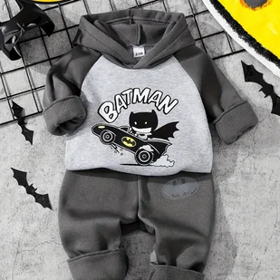 TEMU Walt Disney Series Chłopięcy Jesienno-Zimowy Nowy Zestaw Batmanków Seria Ciemnoszara + Jasnoszara 2-Kolorowa Patchworkowa Polarowa Bluza z - Dresy i komplety dla chłopców - miniaturka - grafika 1