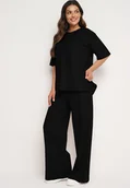 Komplety damskie - Czarny Bawełniany Komplet Bluzka z Rozcięciami po Bokach Szerokie Spodnie z Gumką w Pasie Undrea - miniaturka - grafika 1