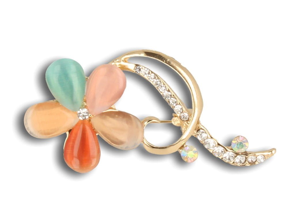 Broszka agrafka złoty kwiatek z kolorowymi kamieniami