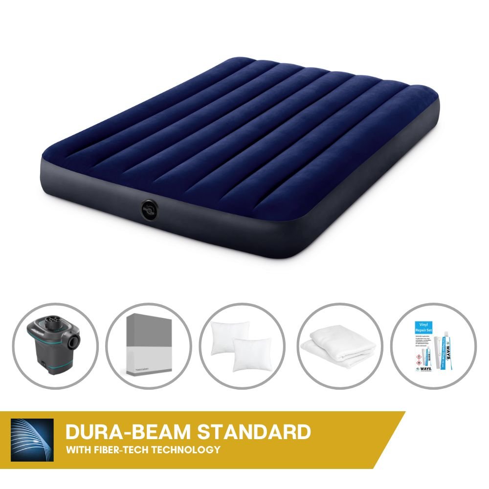 Dmuchane łóżko Intex - 2 osoby - 137 x 191 x 25 cm - niebieskie + elektryczna pompka Intex - 650 litrów/min + prześcieradło antracytowe + poduszka + poszewki Molton 2 w 1 + zestaw naprawczy