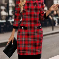 Sukienki - TEMU Elegancka Mini Sukienka w Kratę Damska Tunika Jesienno-Zimowa z Okrągłym Dekoltem, Detale w B Kolorów, Idealna do Dojazdów do Pracy i na - miniaturka - grafika 1