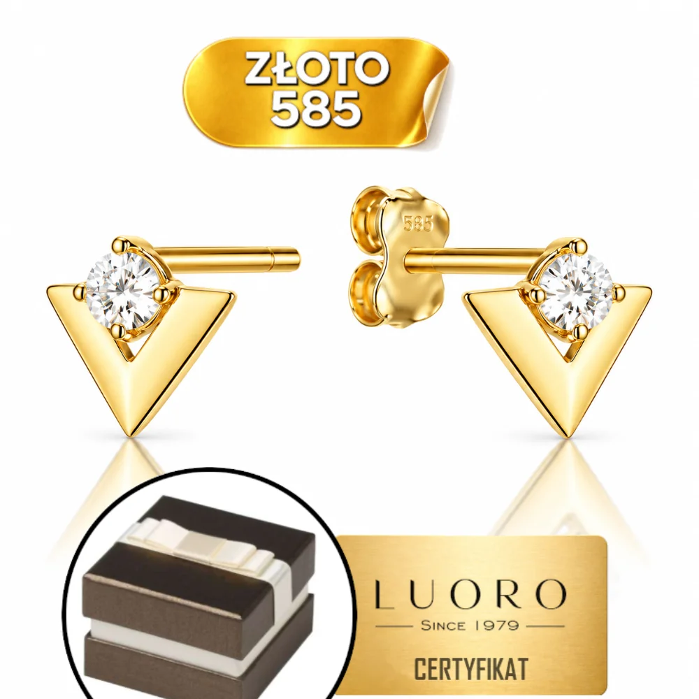 KOLCZYKI ZŁOTE 585 14K TRÓJKĄT Z CYRKONIĄ 8 MM SZTYFT ELEGANCKIE