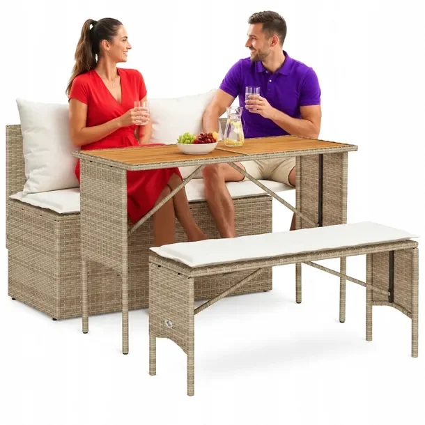 Zestaw mebli ogrodowych beżowy z rattanem PE, stół 110x55x72,5 cm, sofa