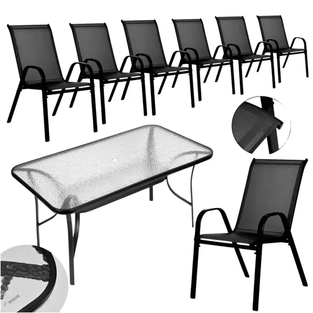 Zestaw Mebli Ogrodowych Szklany Stół 140x80 Cm + 6x Krzesło Czarne Metalowe