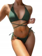 Stroje kąpielowe - Strój Kąpielowy Dwuczęściowy Bikini Z Wysokim Stanem Wiązanie Zielony L - miniaturka - grafika 1