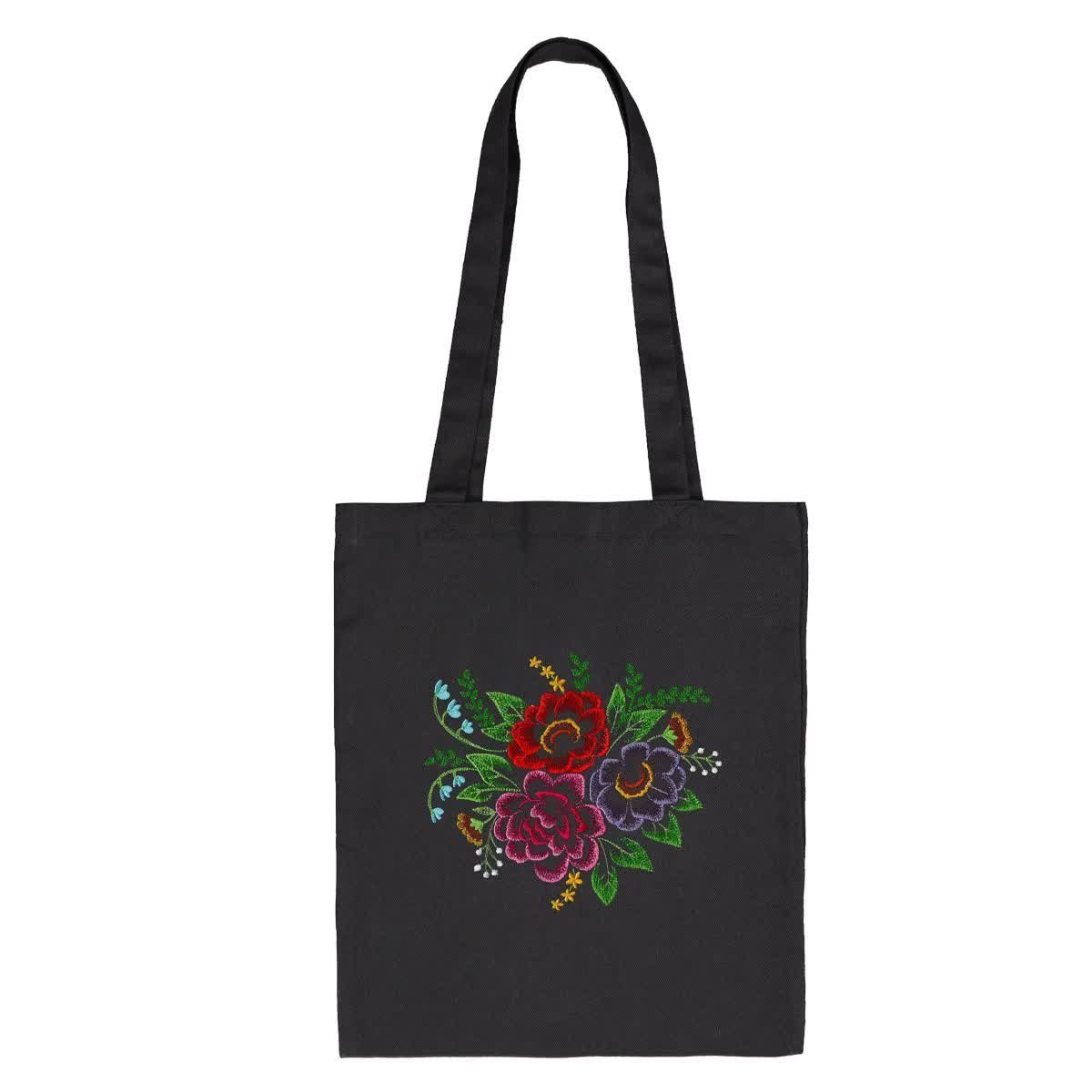 Torba bawełniana czarna zakupowa z haftem – kwiaty