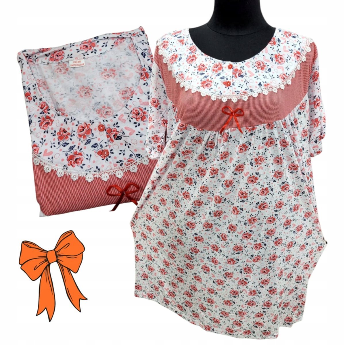 KOSZULA NOCNA BAWEŁNA RÓŻA KWIAT prezent krótki rękaw czerwo 54 56 7XL 8XL