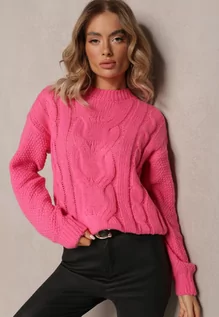 Swetry damskie - Różowy Klasyczny Sweter z Dzianiny Ozdobionej Warkoczowym Wzorem Sellema - grafika 1