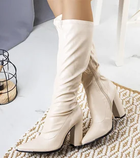 Beżowe kozaki na słupku Velass-37 - Botki damskie - miniaturka - grafika 1