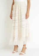 Spódnice - Jasnobeżowa Tiulowa Spódnica Maxi z Gumką w Talii i Falbankami Veida - miniaturka - grafika 1