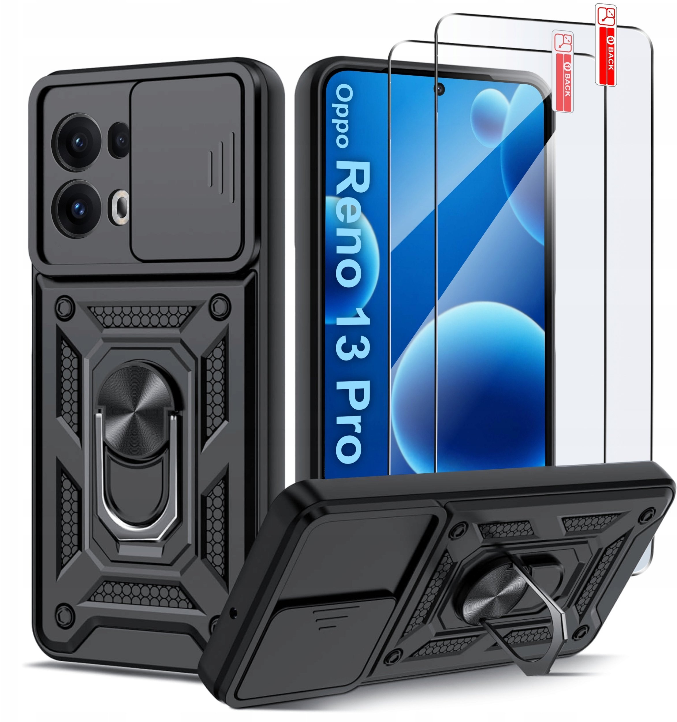 krainaGSM Etui Pancerne CZARNE SLIDE do Oppo Reno 13 Pro wzmocnione + 2x Szkło 9H