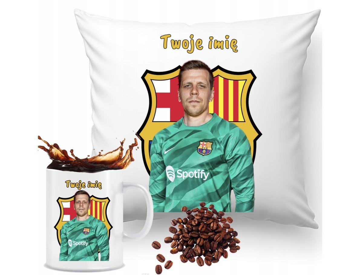 ZESTAW PODUSZKA + KUBEK Prezent WOJTEK SZCZĘSNY BARCELONA + IMIĘ 21