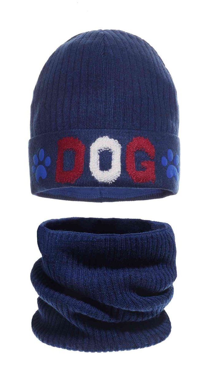 Chłopięcy komplet czapka z napisem DOG + komin granatowy Ambra r.48/50