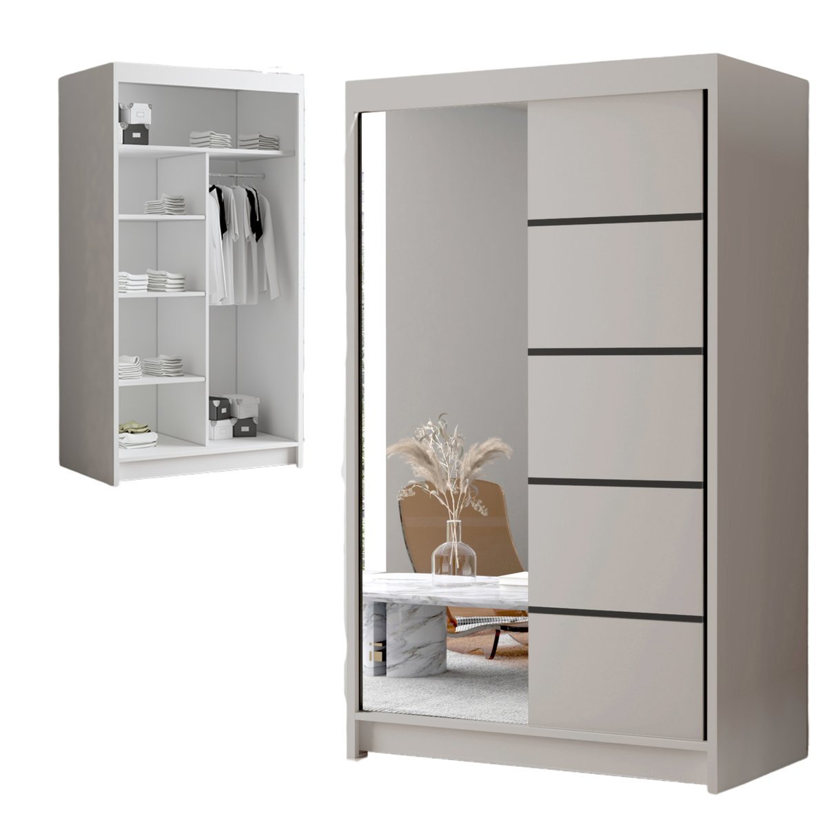 SZAFA przesuwna z lustrem LEO 100cm POEJMNA duża GARDEROBA z półkami drążek