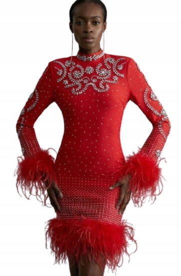 Karen Millen Czerwona Sukienka z Ozdobami Długi Rękaw S B1c