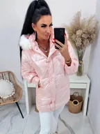 Kurtki damskie - Zimowa holograficzna kurtka Karina z kapturem i białym futerkiem - różowa holo - ETNEE - miniaturka - grafika 1