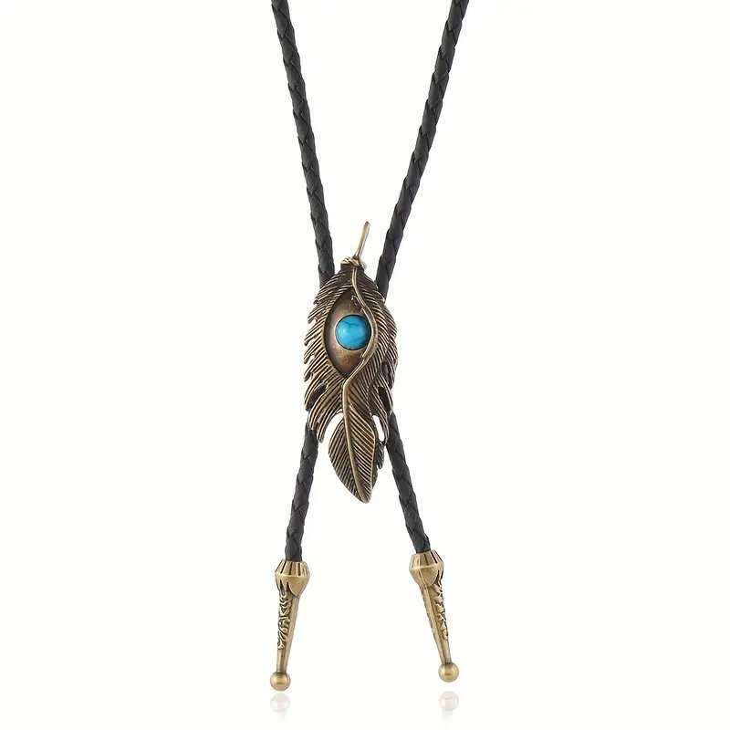 BOLO KRAWAT Kowbojski TEXAS rzemyk PIÓRKO OKO NIEBIESKI KAMIEŃ TURKUS retro